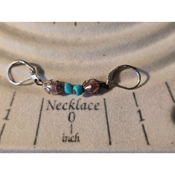 Handcrafted Turquoise & Pink Beaded Leverback Earrings With Silver-Tone Metal Ac - Picture 2 of 2